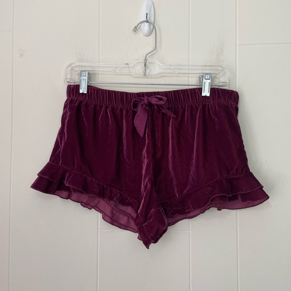 Victoria’s Secret Velour Shorts Burgundy Elastic Waist Ribbon Ruffles ~ Size S